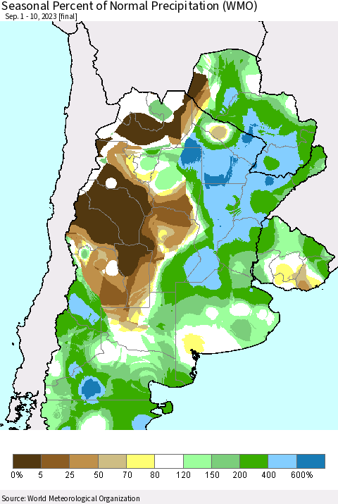Southern South America Seasonal Percent of Normal Precipitation (WMO) Thematic Map For 9/1/2023 - 9/10/2023