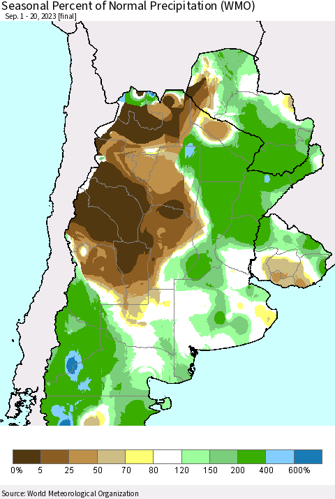 Southern South America Seasonal Percent of Normal Precipitation (WMO) Thematic Map For 9/1/2023 - 9/20/2023