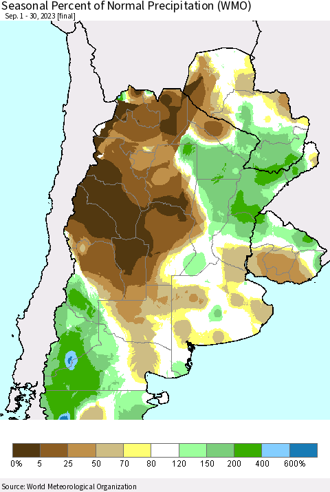 Southern South America Seasonal Percent of Normal Precipitation (WMO) Thematic Map For 9/1/2023 - 9/30/2023