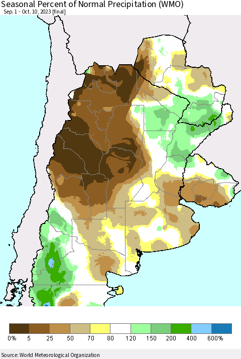 Southern South America Seasonal Percent of Normal Precipitation (WMO) Thematic Map For 9/1/2023 - 10/10/2023