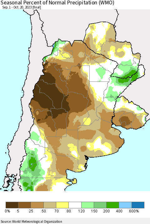 Southern South America Seasonal Percent of Normal Precipitation (WMO) Thematic Map For 9/1/2023 - 10/20/2023