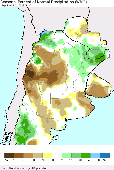 Southern South America Seasonal Percent of Normal Precipitation (WMO) Thematic Map For 9/1/2023 - 10/31/2023