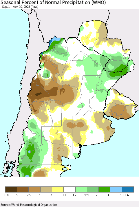 Southern South America Seasonal Percent of Normal Precipitation (WMO) Thematic Map For 9/1/2023 - 11/10/2023