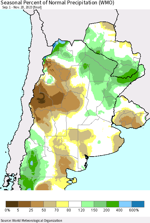 Southern South America Seasonal Percent of Normal Precipitation (WMO) Thematic Map For 9/1/2023 - 11/20/2023