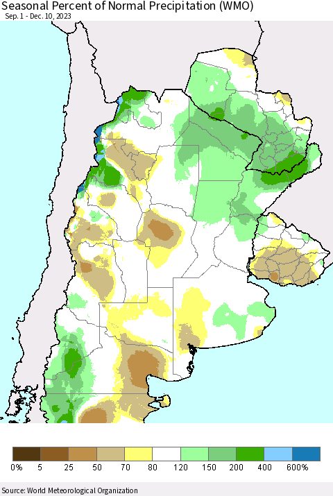 Southern South America Seasonal Percent of Normal Precipitation (WMO) Thematic Map For 9/1/2023 - 12/10/2023