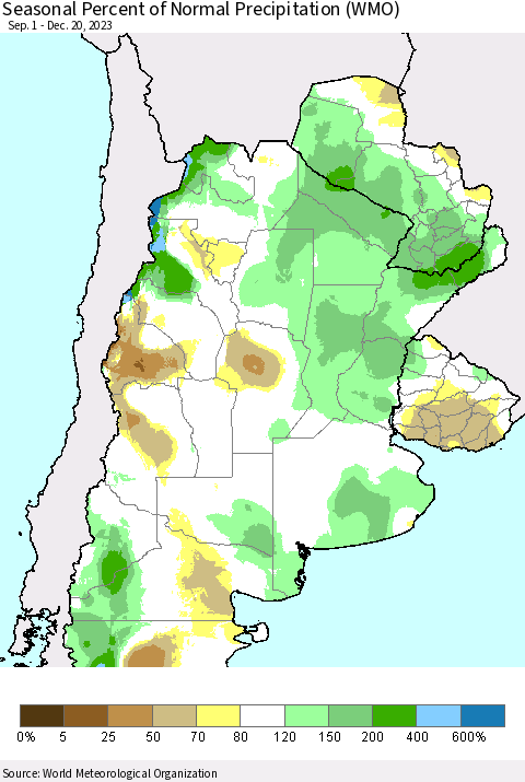 Southern South America Seasonal Percent of Normal Precipitation (WMO) Thematic Map For 9/1/2023 - 12/20/2023