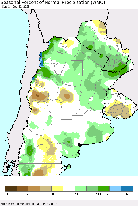 Southern South America Seasonal Percent of Normal Precipitation (WMO) Thematic Map For 9/1/2023 - 12/31/2023
