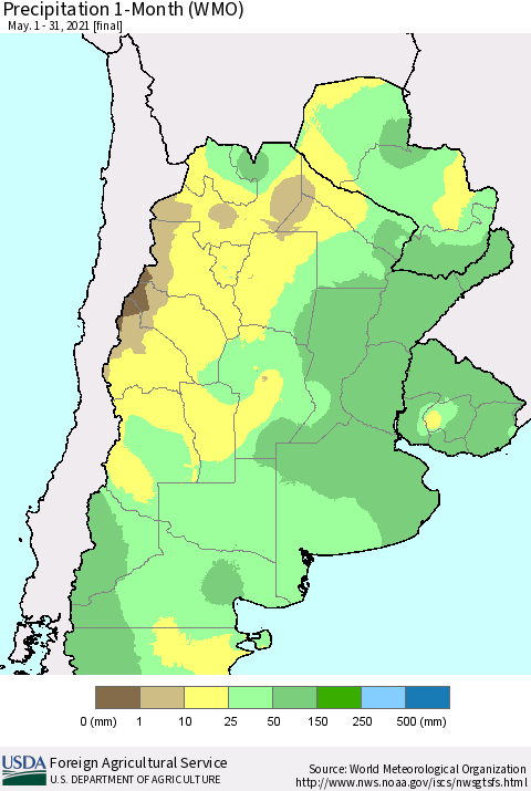 Southern South America Precipitation 1-Month (WMO) Thematic Map For 5/1/2021 - 5/31/2021