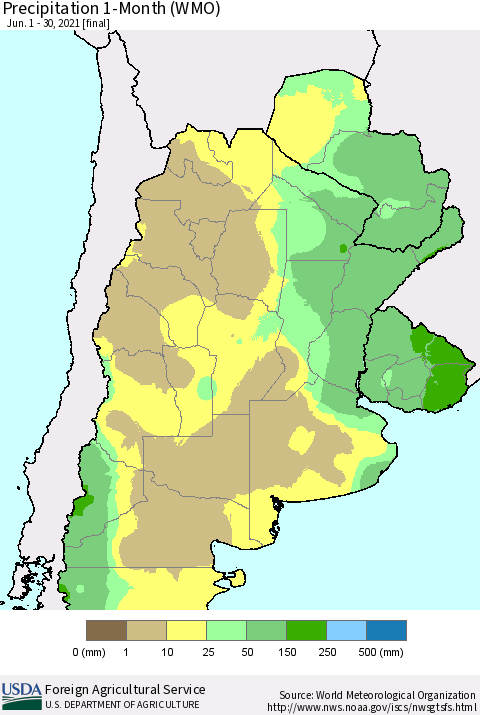 Southern South America Precipitation 1-Month (WMO) Thematic Map For 6/1/2021 - 6/30/2021