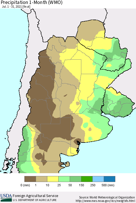 Southern South America Precipitation 1-Month (WMO) Thematic Map For 7/1/2021 - 7/31/2021