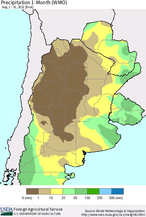 Southern South America Precipitation 1-Month (WMO) Thematic Map For 8/1/2021 - 8/31/2021