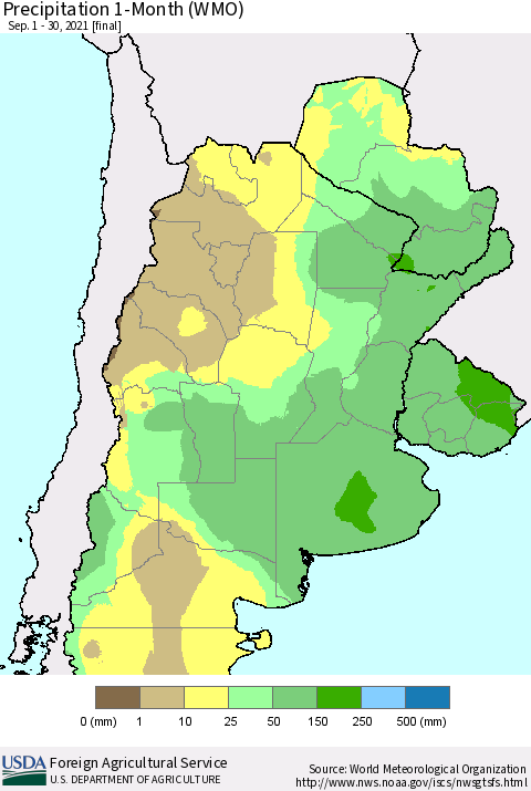 Southern South America Precipitation 1-Month (WMO) Thematic Map For 9/1/2021 - 9/30/2021
