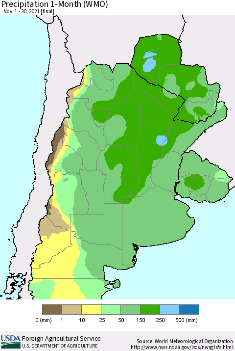 Southern South America Precipitation 1-Month (WMO) Thematic Map For 11/1/2021 - 11/30/2021