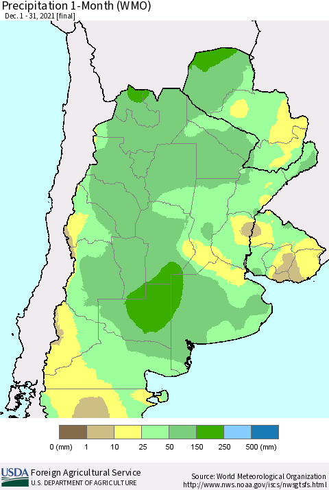 Southern South America Precipitation 1-Month (WMO) Thematic Map For 12/1/2021 - 12/31/2021