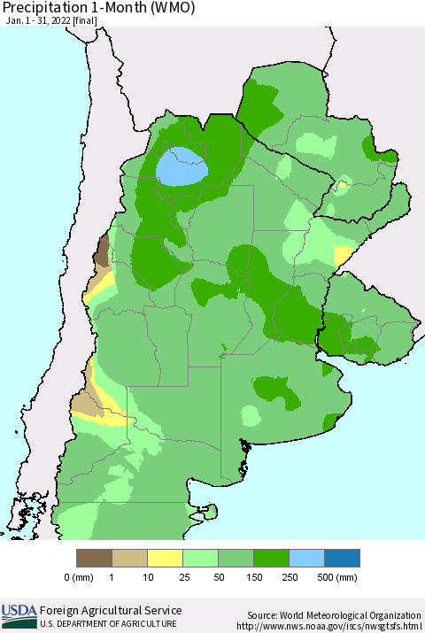 Southern South America Precipitation 1-Month (WMO) Thematic Map For 1/1/2022 - 1/31/2022