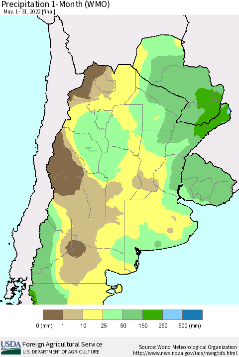Southern South America Precipitation 1-Month (WMO) Thematic Map For 5/1/2022 - 5/31/2022