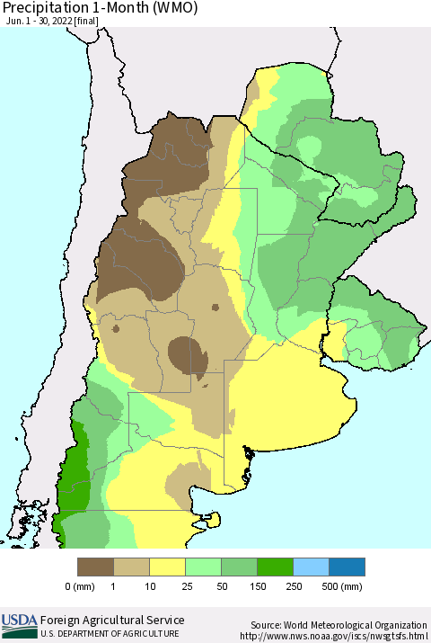 Southern South America Precipitation 1-Month (WMO) Thematic Map For 6/1/2022 - 6/30/2022