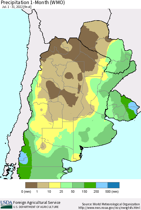 Southern South America Precipitation 1-Month (WMO) Thematic Map For 7/1/2022 - 7/31/2022