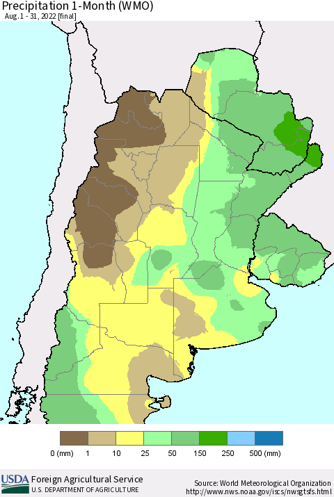 Southern South America Precipitation 1-Month (WMO) Thematic Map For 8/1/2022 - 8/31/2022