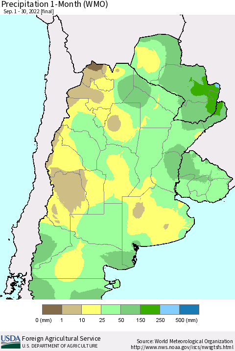 Southern South America Precipitation 1-Month (WMO) Thematic Map For 9/1/2022 - 9/30/2022