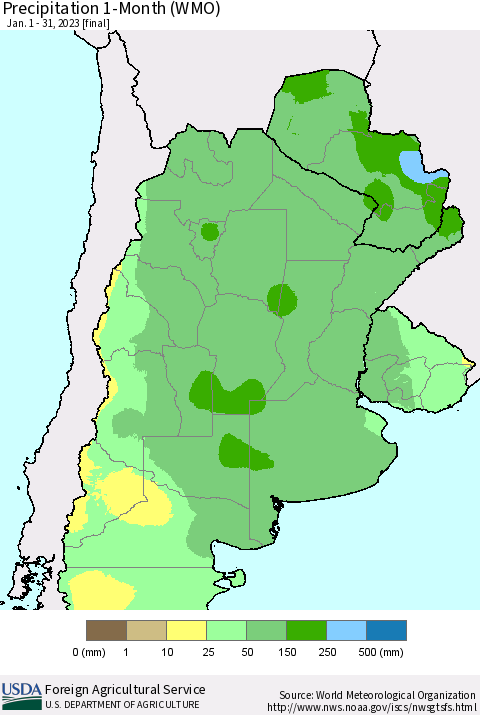 Southern South America Precipitation 1-Month (WMO) Thematic Map For 1/1/2023 - 1/31/2023