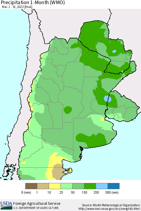 Southern South America Precipitation 1-Month (WMO) Thematic Map For 3/1/2023 - 3/31/2023