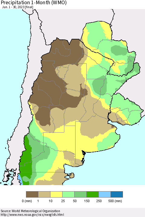 Southern South America Precipitation 1-Month (WMO) Thematic Map For 6/1/2023 - 6/30/2023
