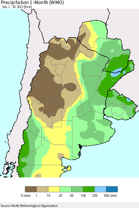 Southern South America Precipitation 1-Month (WMO) Thematic Map For 9/1/2023 - 9/30/2023