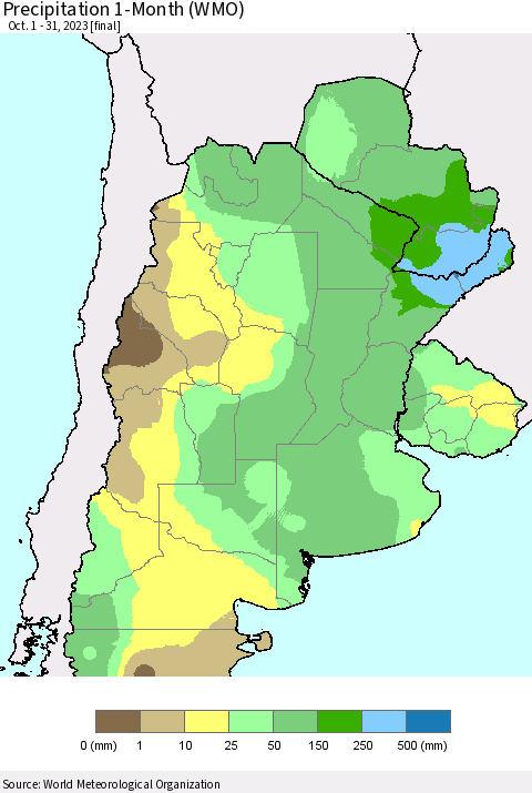Southern South America Precipitation 1-Month (WMO) Thematic Map For 10/1/2023 - 10/31/2023