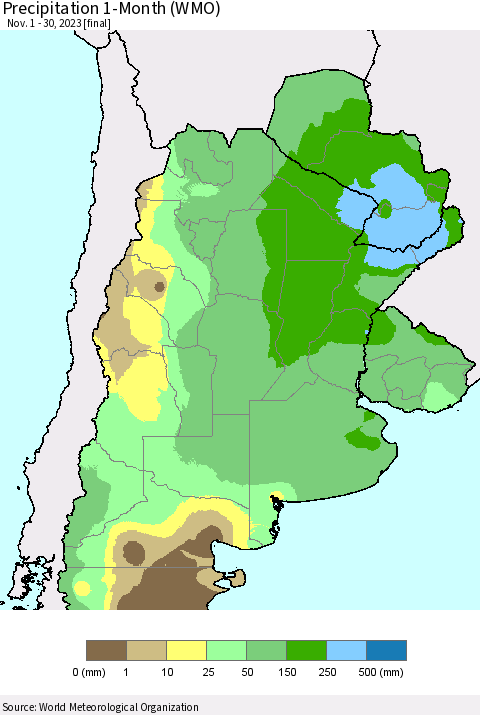 Southern South America Precipitation 1-Month (WMO) Thematic Map For 11/1/2023 - 11/30/2023