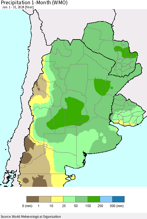 Southern South America Precipitation 1-Month (WMO) Thematic Map For 1/1/2024 - 1/31/2024