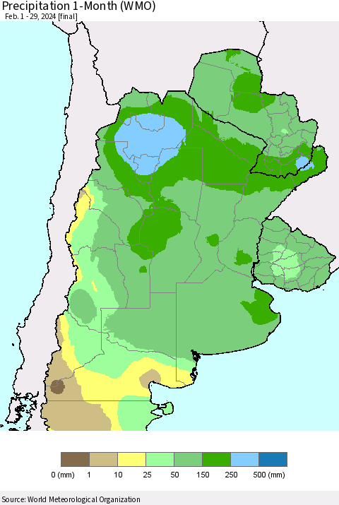 Southern South America Precipitation 1-Month (WMO) Thematic Map For 2/1/2024 - 2/29/2024