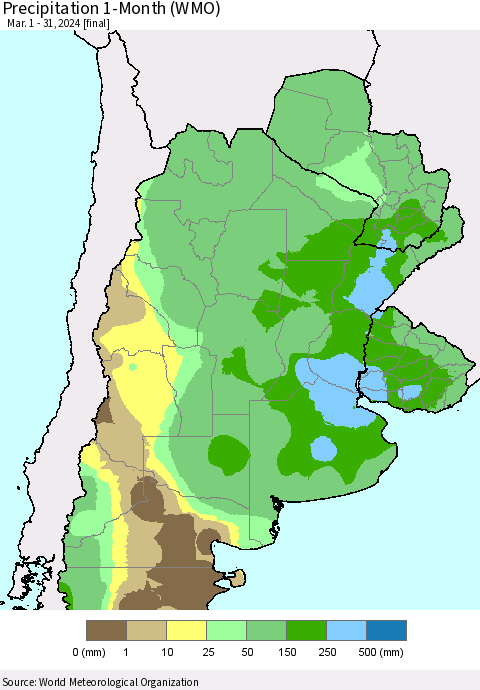Southern South America Precipitation 1-Month (WMO) Thematic Map For 3/1/2024 - 3/31/2024