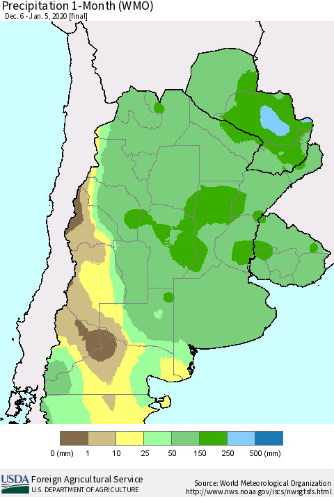 Southern South America Precipitation 1-Month (WMO) Thematic Map For 12/6/2019 - 1/5/2020