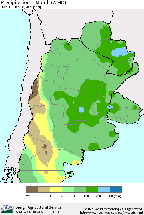 Southern South America Precipitation 1-Month (WMO) Thematic Map For 12/11/2019 - 1/10/2020