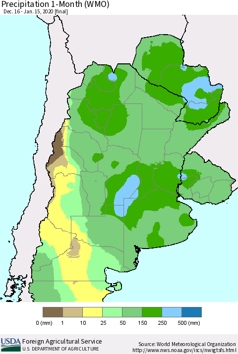 Southern South America Precipitation 1-Month (WMO) Thematic Map For 12/16/2019 - 1/15/2020