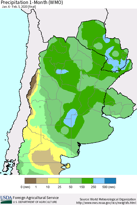 Southern South America Precipitation 1-Month (WMO) Thematic Map For 1/6/2020 - 2/5/2020