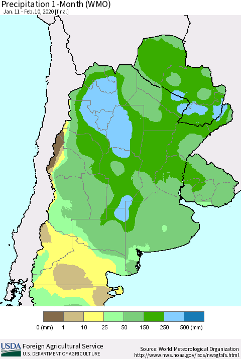 Southern South America Precipitation 1-Month (WMO) Thematic Map For 1/11/2020 - 2/10/2020
