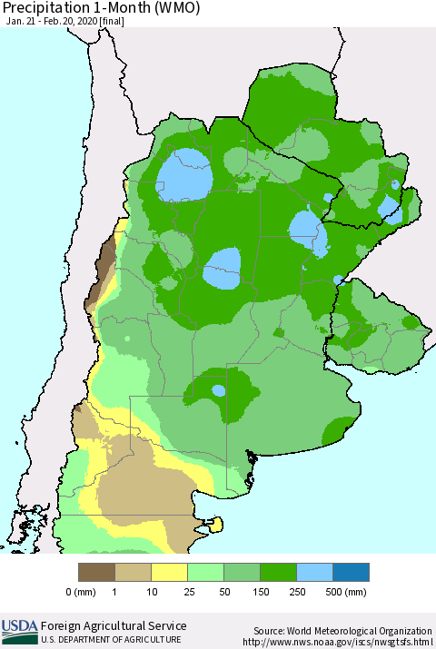 Southern South America Precipitation 1-Month (WMO) Thematic Map For 1/21/2020 - 2/20/2020