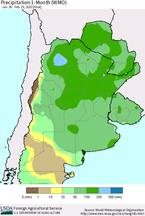 Southern South America Precipitation 1-Month (WMO) Thematic Map For 1/26/2020 - 2/25/2020