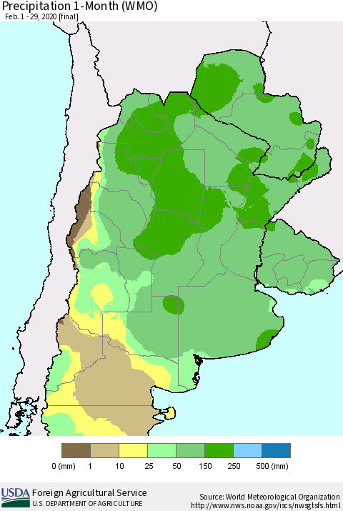 Southern South America Precipitation 1-Month (WMO) Thematic Map For 2/1/2020 - 2/29/2020