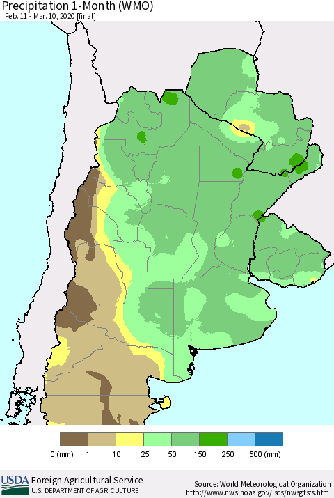 Southern South America Precipitation 1-Month (WMO) Thematic Map For 2/11/2020 - 3/10/2020