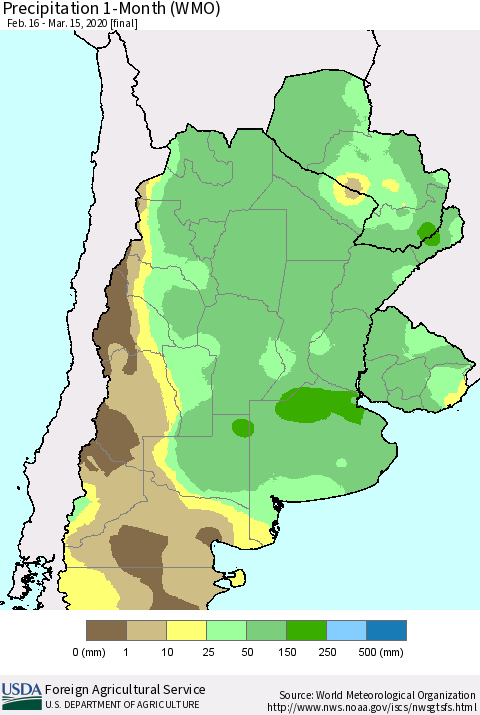 Southern South America Precipitation 1-Month (WMO) Thematic Map For 2/16/2020 - 3/15/2020
