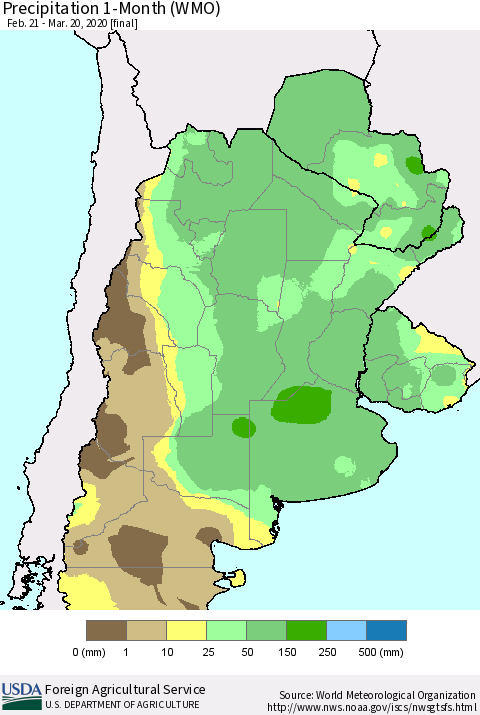 Southern South America Precipitation 1-Month (WMO) Thematic Map For 2/21/2020 - 3/20/2020