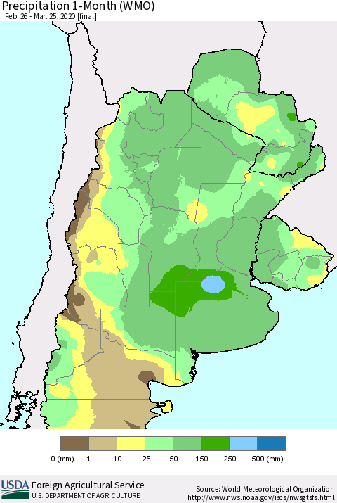 Southern South America Precipitation 1-Month (WMO) Thematic Map For 2/26/2020 - 3/25/2020