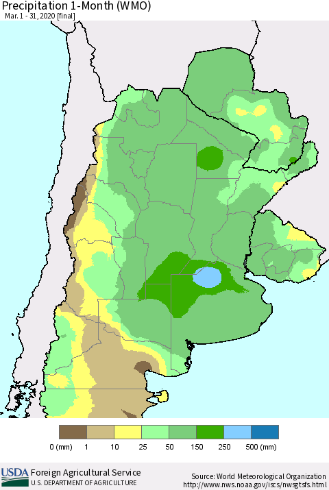 Southern South America Precipitation 1-Month (WMO) Thematic Map For 3/1/2020 - 3/31/2020