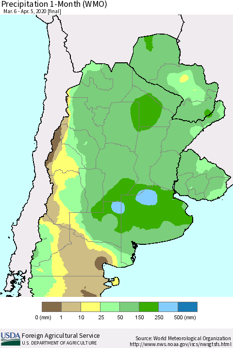 Southern South America Precipitation 1-Month (WMO) Thematic Map For 3/6/2020 - 4/5/2020