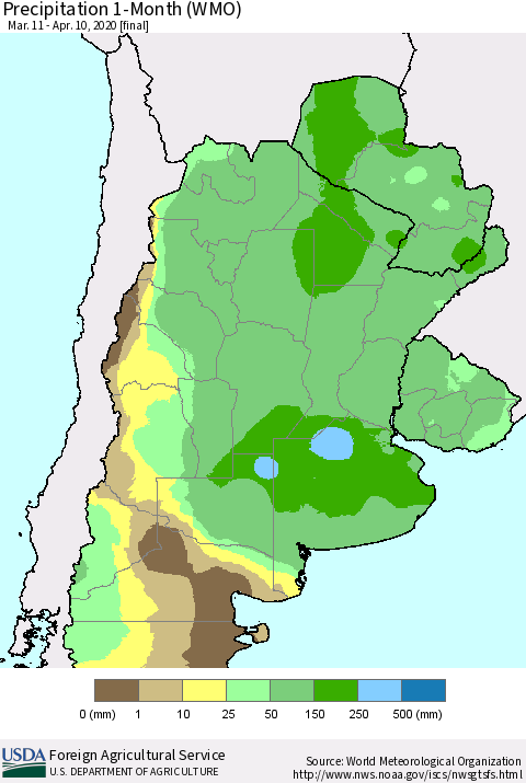 Southern South America Precipitation 1-Month (WMO) Thematic Map For 3/11/2020 - 4/10/2020