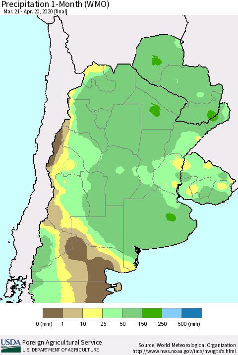 Southern South America Precipitation 1-Month (WMO) Thematic Map For 3/21/2020 - 4/20/2020