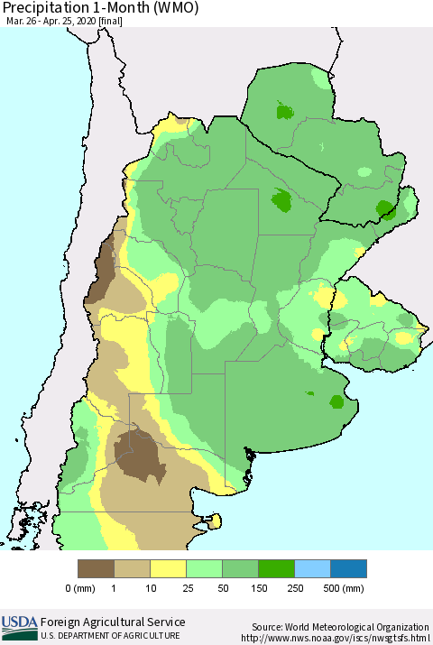 Southern South America Precipitation 1-Month (WMO) Thematic Map For 3/26/2020 - 4/25/2020